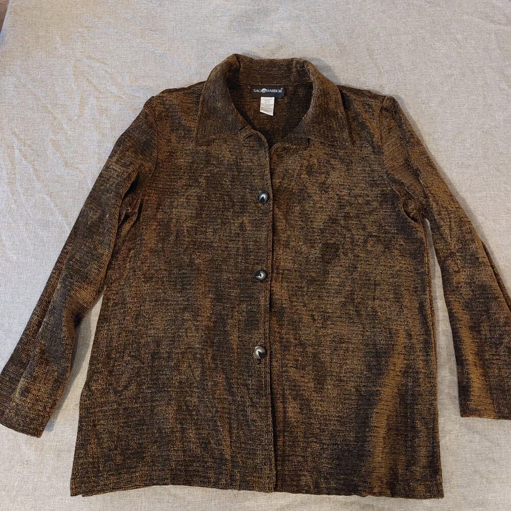 Sag Harbor Button Casual Textured Brown Relaxed Fit Long Sleeve Jacket Size 14